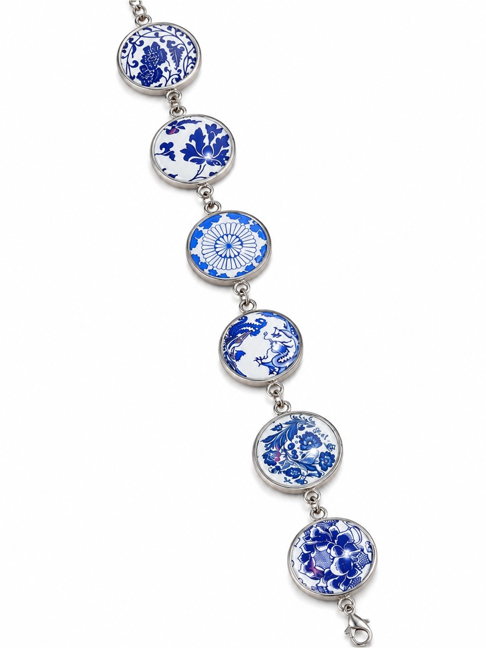 Blue & White Porcelain-Style Cabochon Bracelet – Handmade One of a Kind